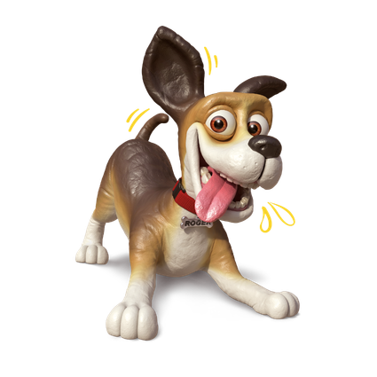 Roger leaning forward with tongue out